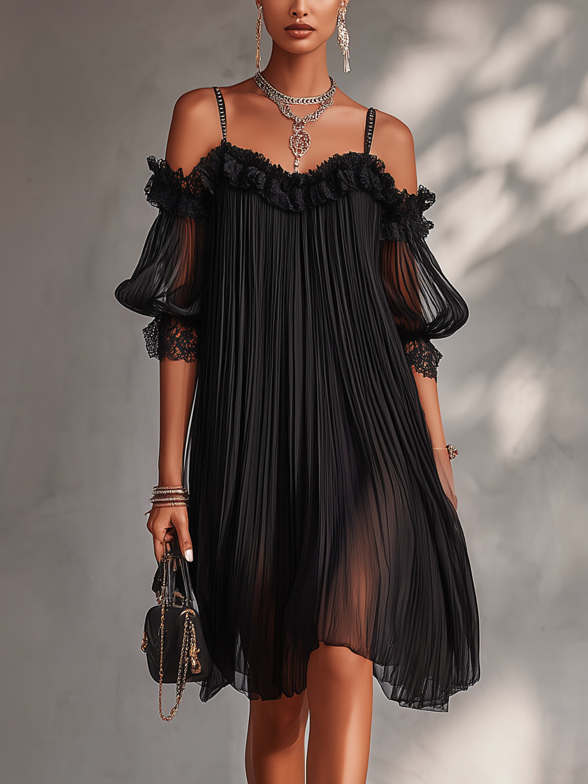 Black Off-Shoulder Mini Dress with Lace Trim