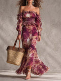 Rose Pink Floral Off-Shoulder Maxi Dress
