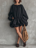 Casual Round-Neck Long-Sleeve Mini Dress with Ruffled Hem