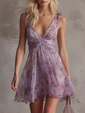 Retro Purple Floral Ruffled Chiffon Mini Dress