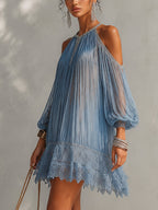 Blue Off-Shoulder Ruched Mini Dress with Lace Hem