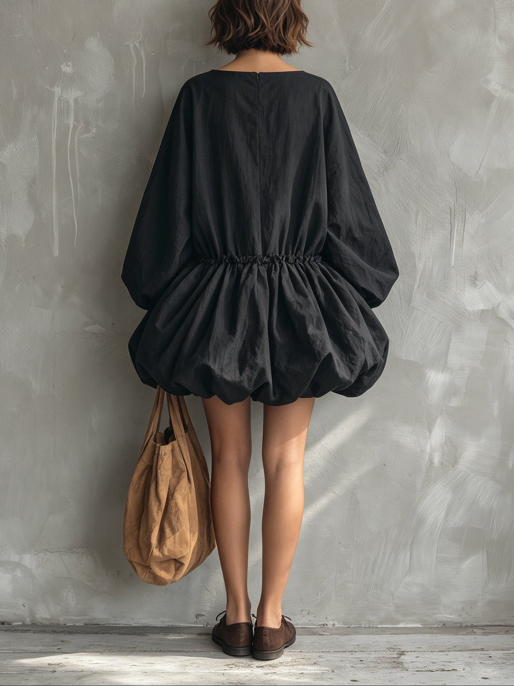 Casual Round-Neck Long-Sleeve Mini Dress with Ruffled Hem