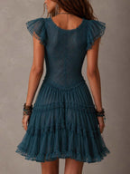 Retro Blue Lace & Chiffon Ruffled Mini Dress
