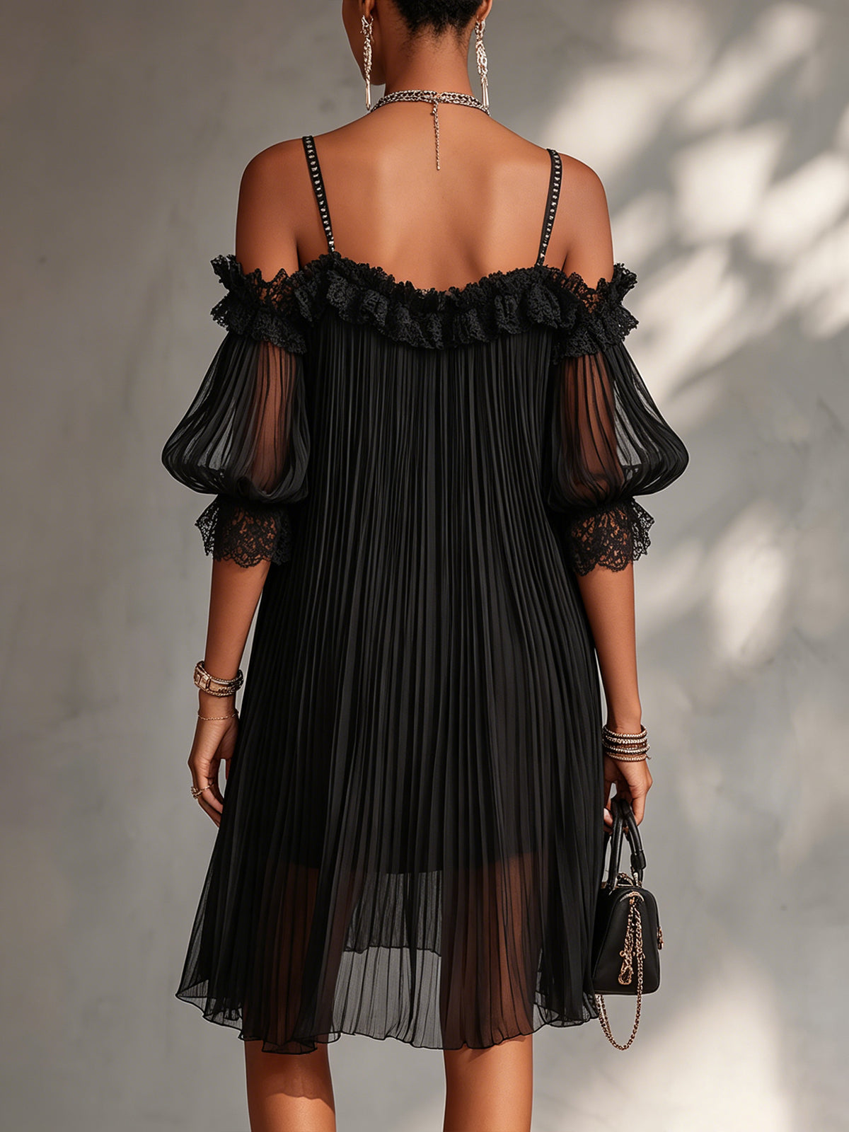 Black Off-Shoulder Mini Dress with Lace Trim