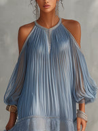Blue Off-Shoulder Ruched Mini Dress with Lace Hem