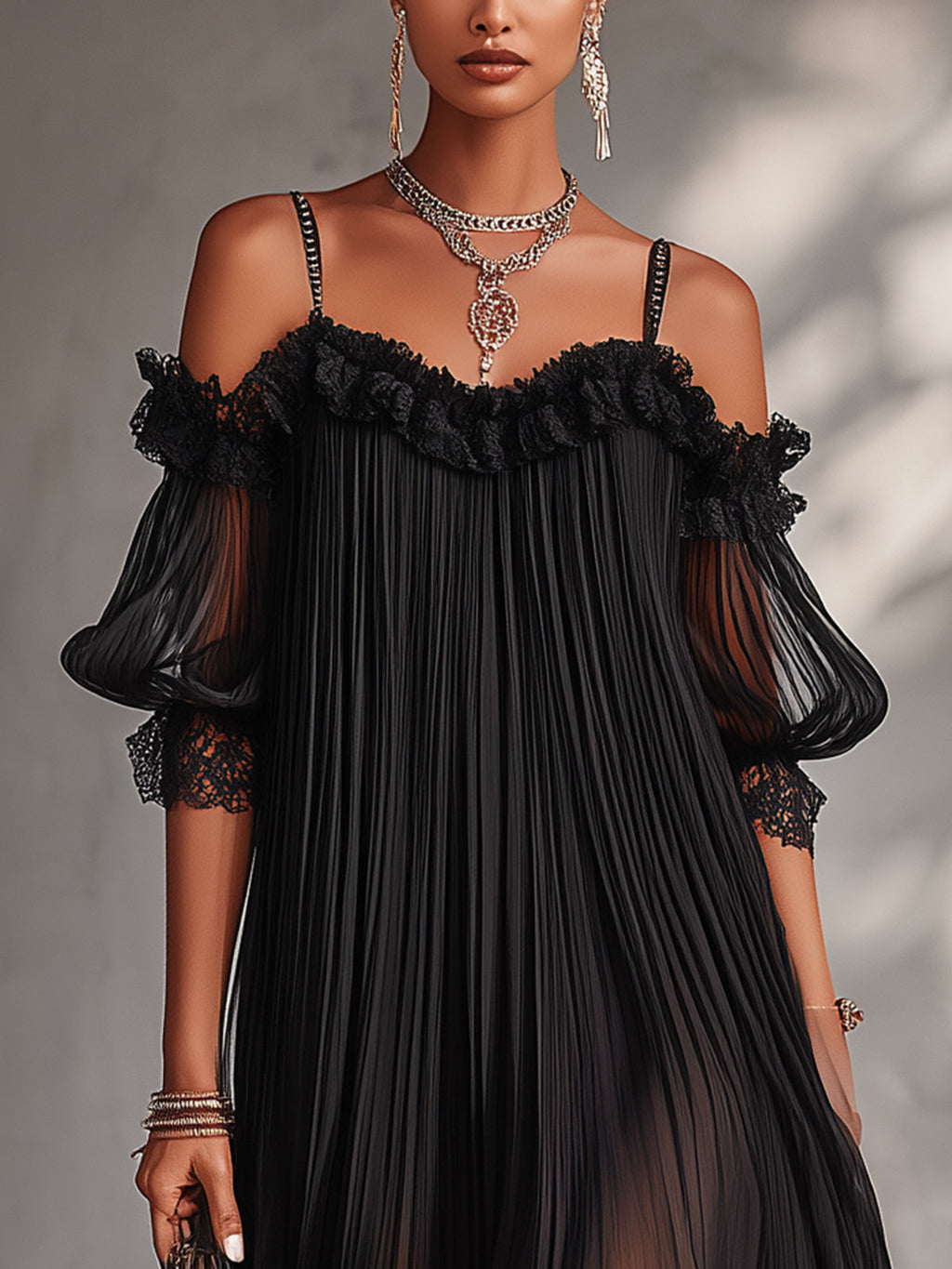 Black Off-Shoulder Mini Dress with Lace Trim