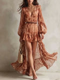 Terracotta Floral Print V Neck Long Sleeve High Low Mini Dress