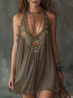 Gray Halter Floral Print Loose Mini Dress