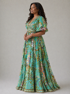 Airy maxi dress with puff sleeves and V-neck