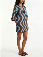 Brown Color Block V Neck Loose Mini Dress