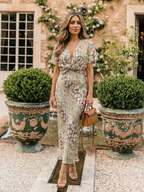 Abstract Print V Neck Twist Waist Midi Dress