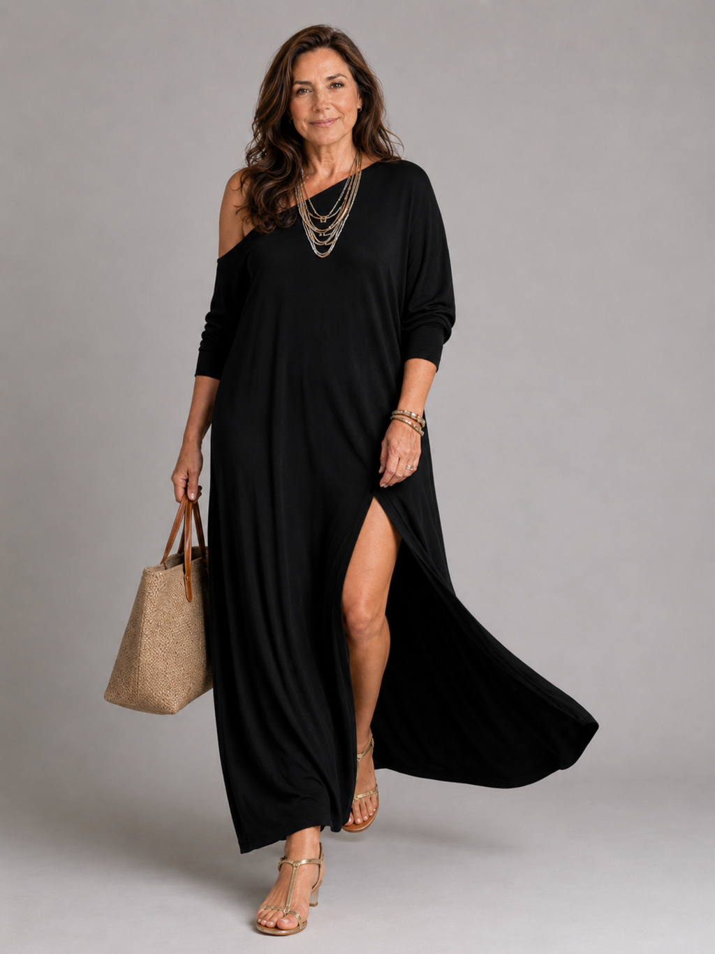 Asterelle | One Shoulder Side Slit Flowing Midi Dress