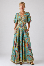 Airy maxi dress with puff sleeves and V-neck