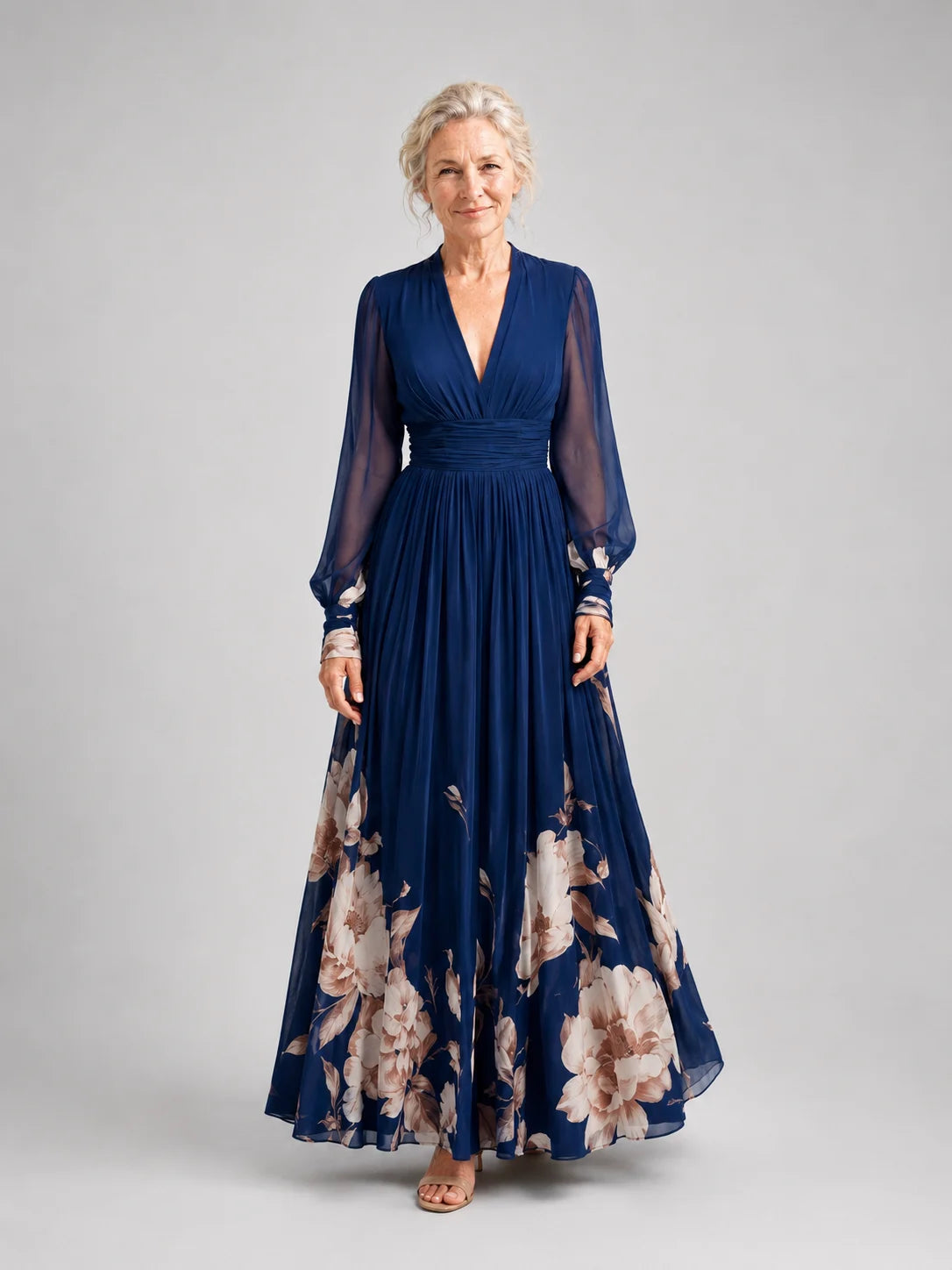 Ziva | Pleated Sheer Sleeves Maxi Dress