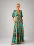Airy maxi dress with puff sleeves and V-neck