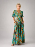 Airy maxi dress with puff sleeves and V-neck