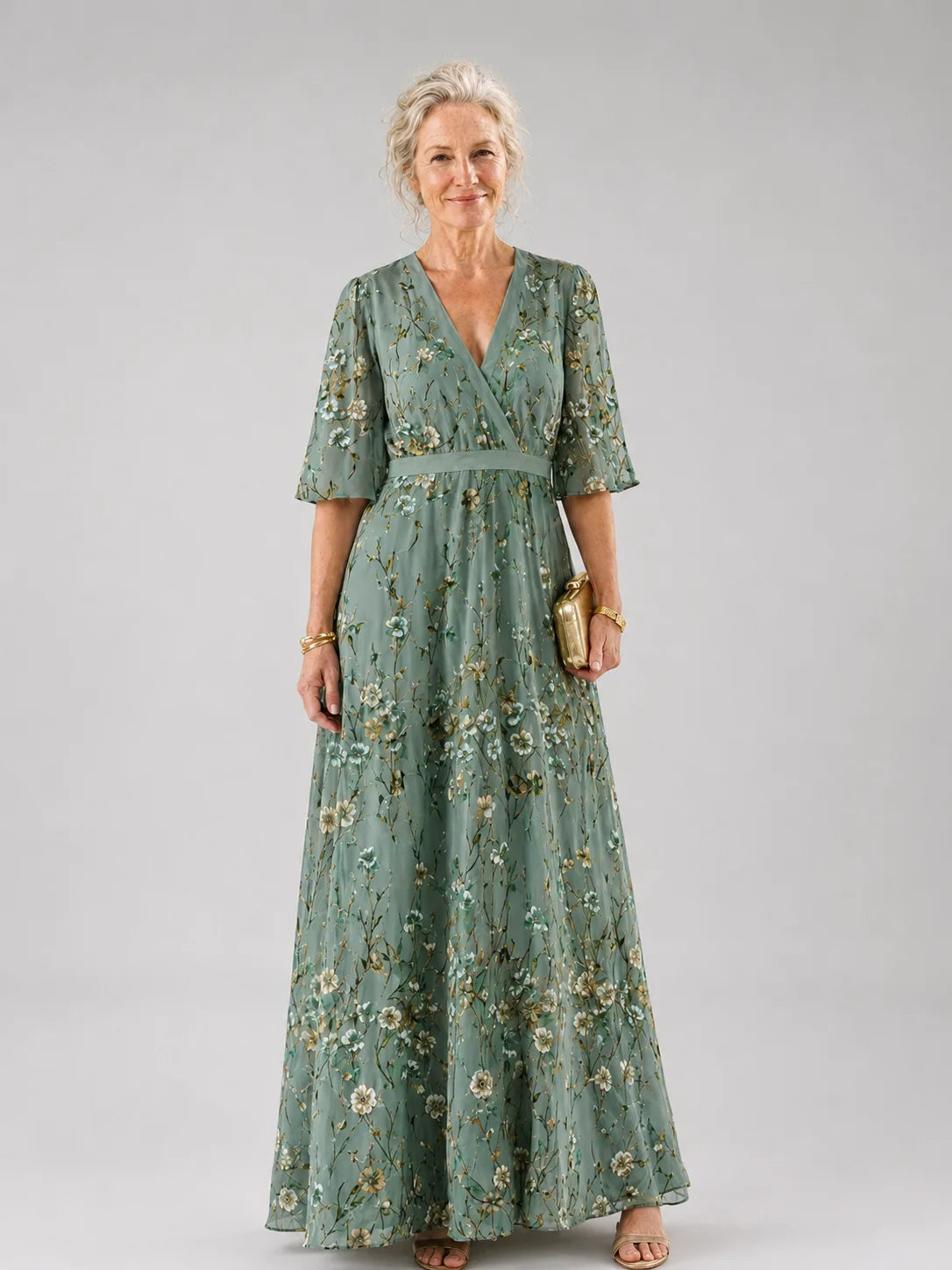 Sophie - Floral V Neck Short Sleeve Maxi Dress