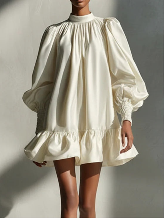 Beige Satin Puff Sleeve Ruffle Mini Dress