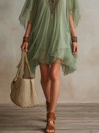 Green V-neck Layered Flowy Mini Dress