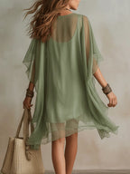 Green V-neck Layered Flowy Mini Dress
