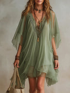 Green V-neck Layered Flowy Mini Dress