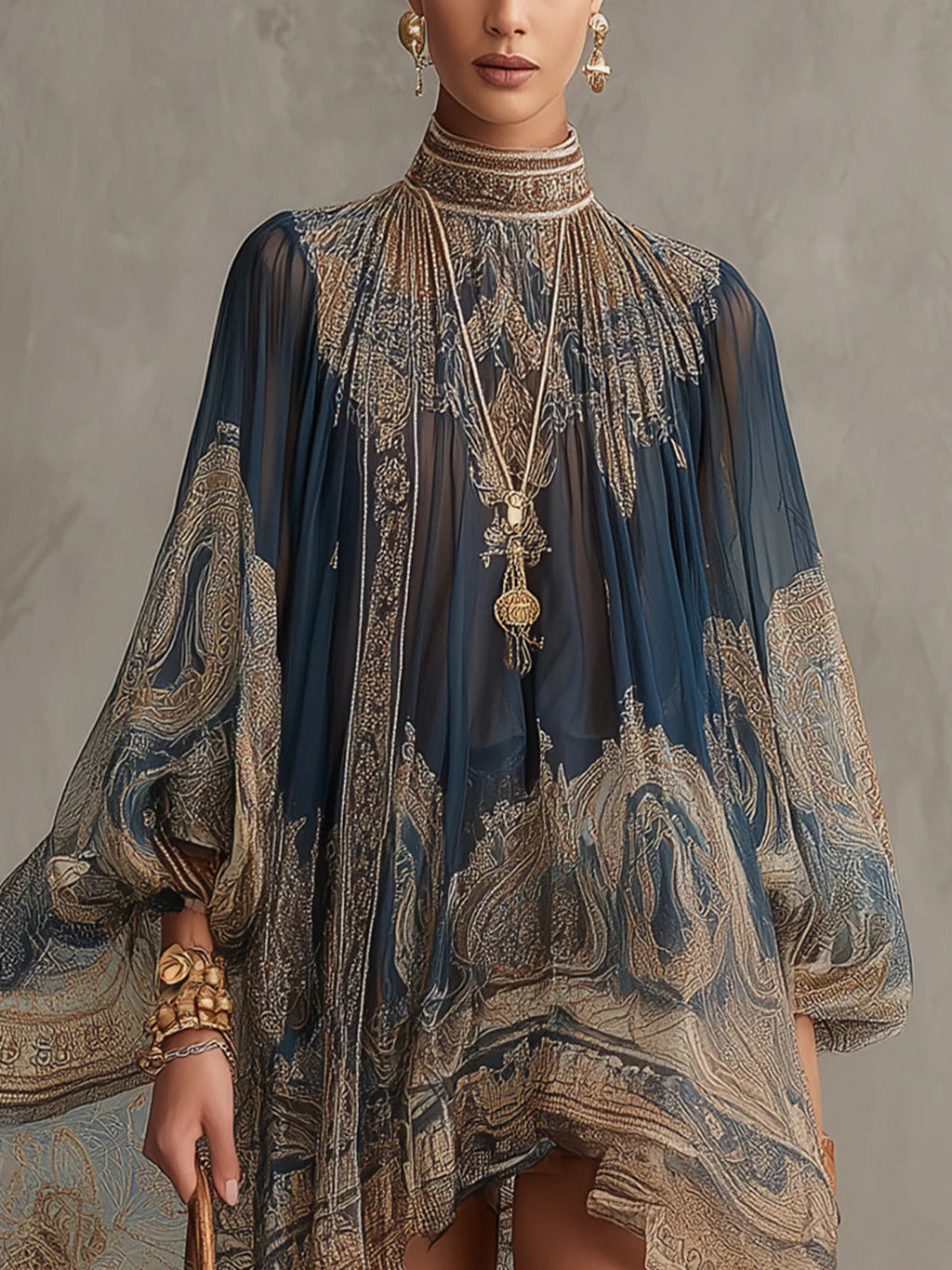 Navy Blue Baroque Print High-neck Irregular Mini Dress