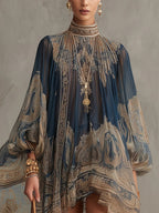 Navy Blue Baroque Print High-neck Irregular Mini Dress