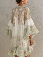 Green Print Ruffle Hem Flounce Sleeve Mini Dress