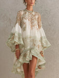 Green Print Ruffle Hem Flounce Sleeve Mini Dress