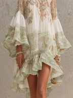 Green Print Ruffle Hem Flounce Sleeve Mini Dress