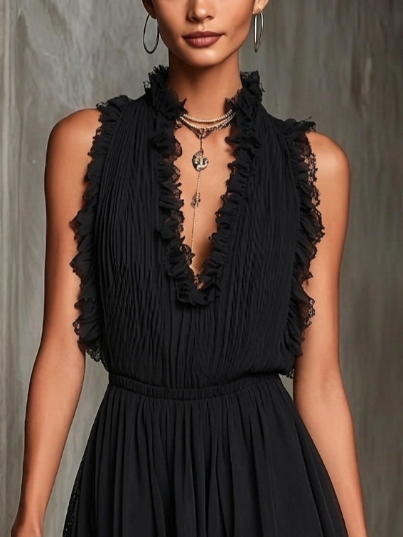 Black Ruffle Trim Mini Dress