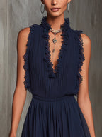 Navy Ruffle Trim Mini Dress