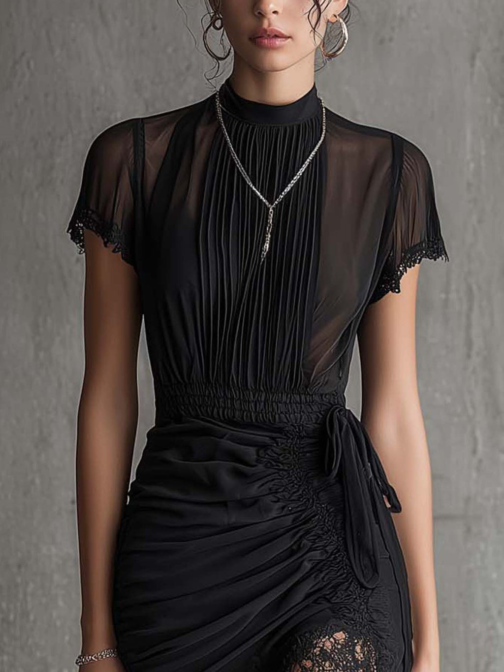 Black Pleated Waist Lace-trimmed Mini Dress