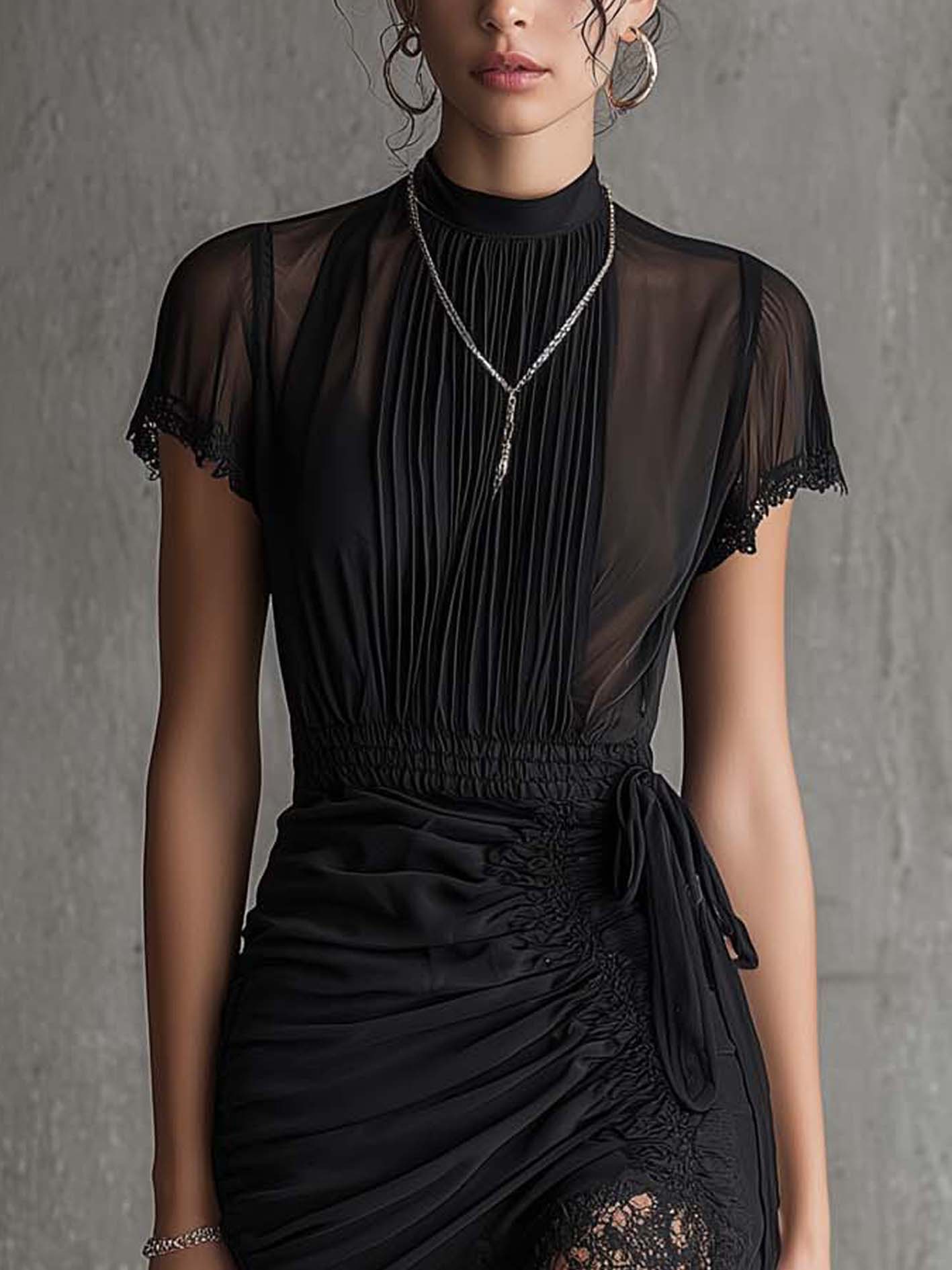 Black Pleated Waist Lace-trimmed Mini Dress