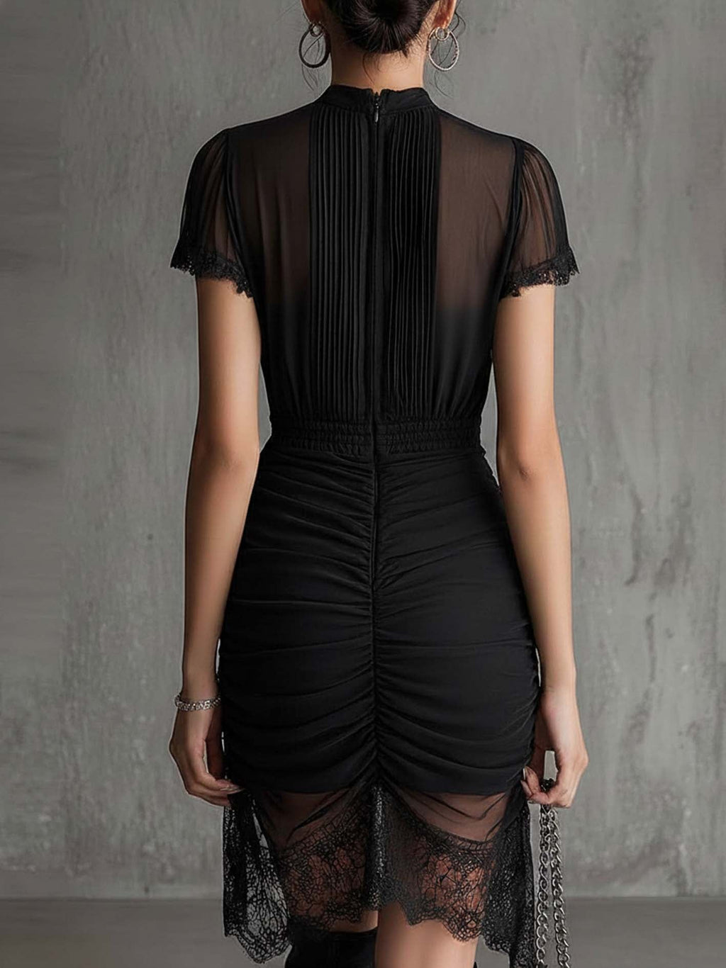 Black Pleated Waist Lace-trimmed Mini Dress