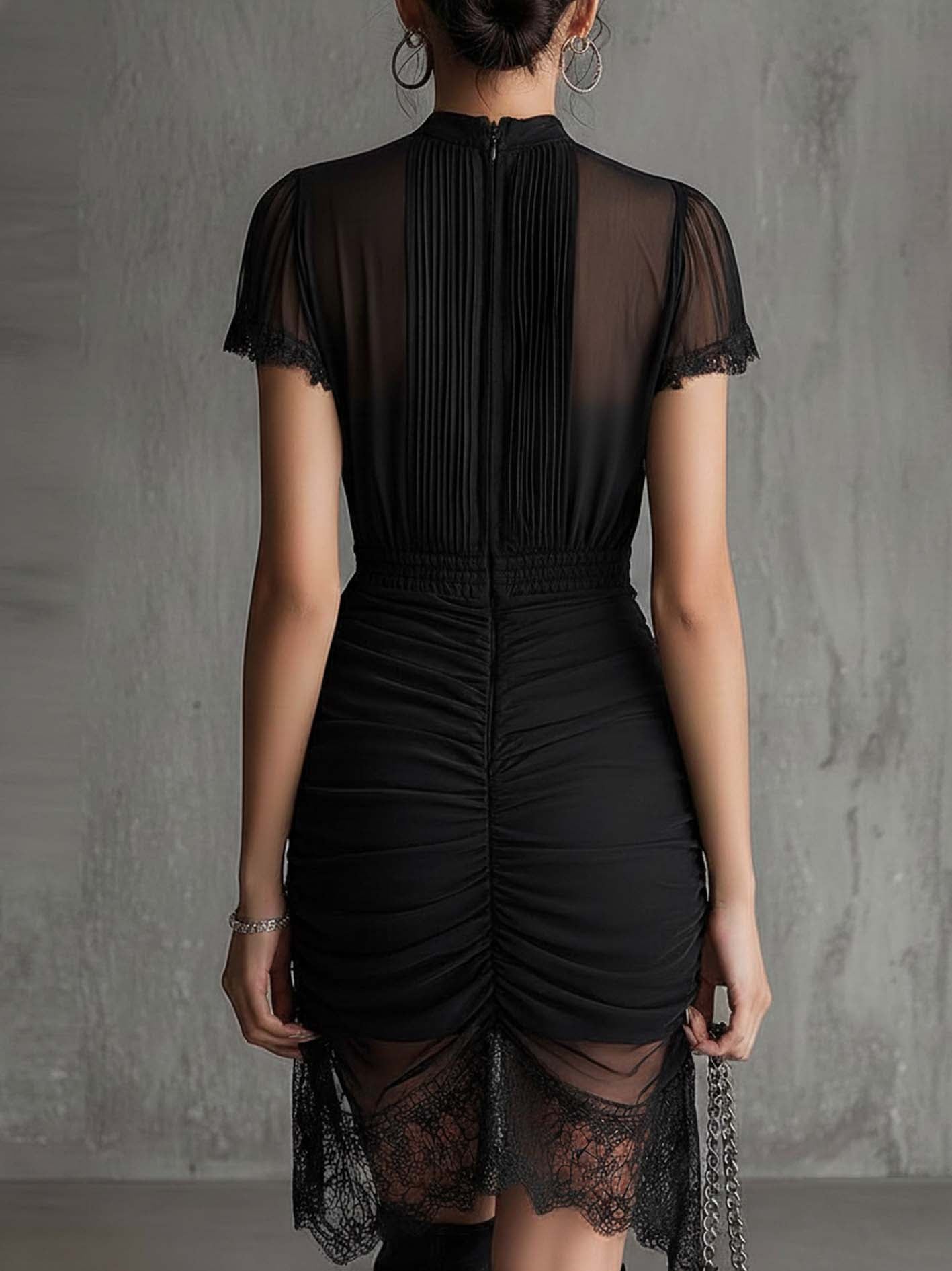 Black Pleated Waist Lace-trimmed Mini Dress