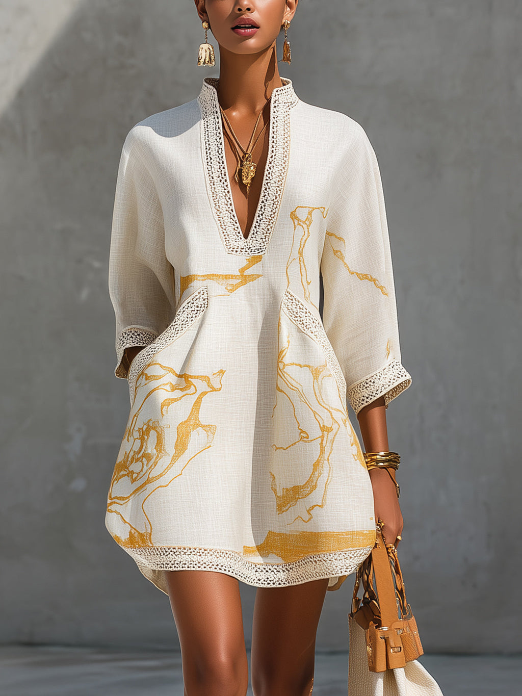 Ivory Gold Printed V-neck Mini Dress