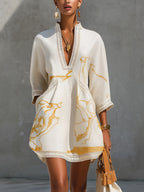 Ivory Gold Printed V-neck Mini Dress
