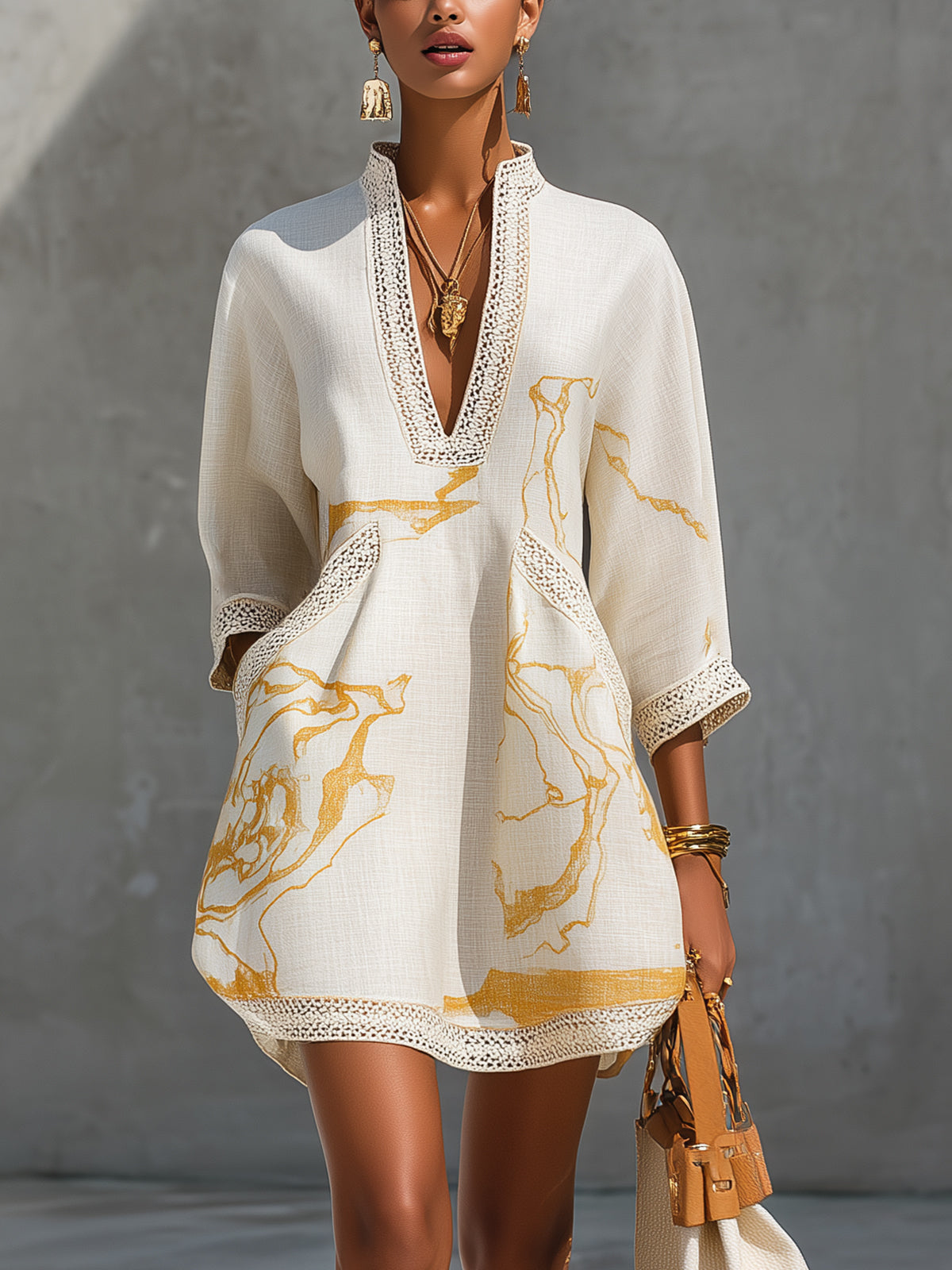 Ivory Gold Printed V-neck Mini Dress