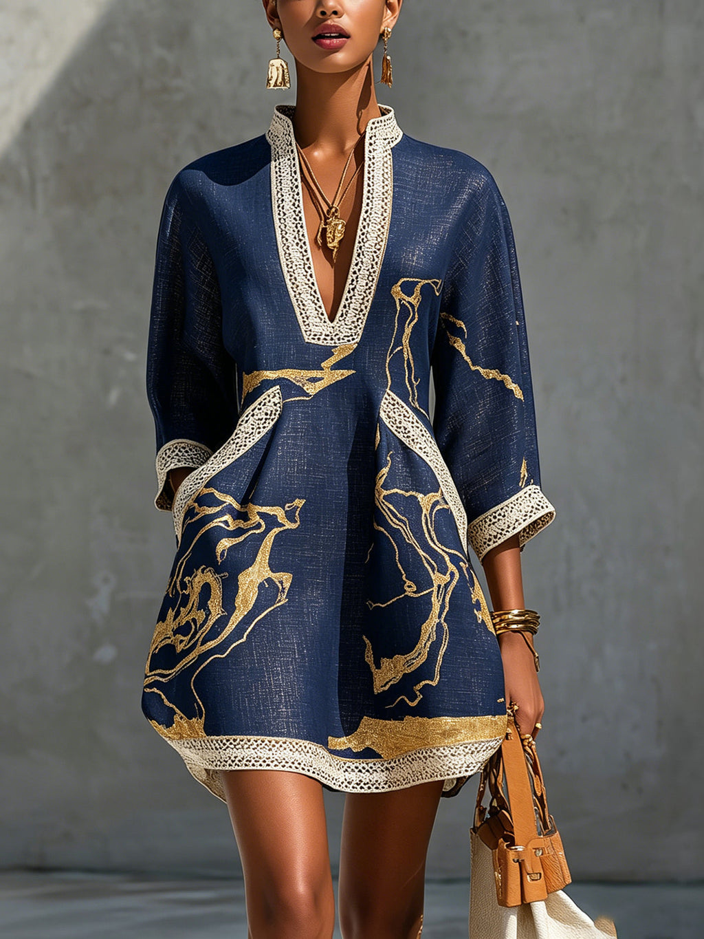 Navy Gold Printed V-neck Mini Dress