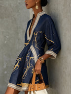 Navy Gold Printed V-neck Mini Dress