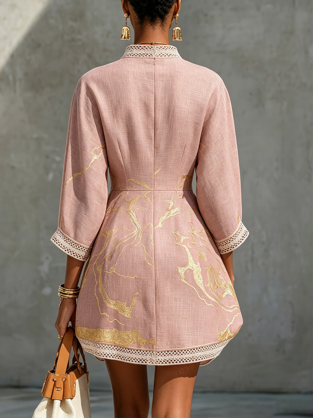 Pink Gold Printed V-neck Mini Dress