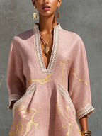 Pink Gold Printed V-neck Mini Dress