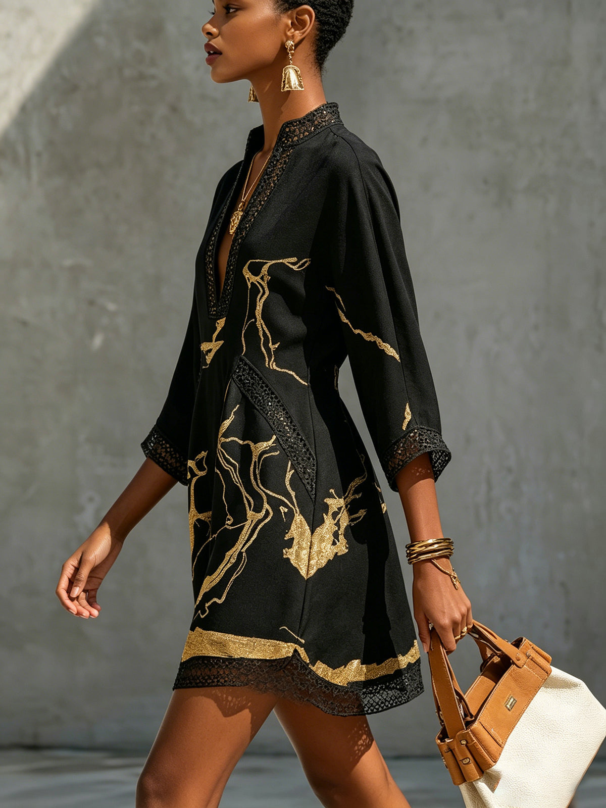 Black Gold Printed V-neck Mini Dress – Martha & Lily