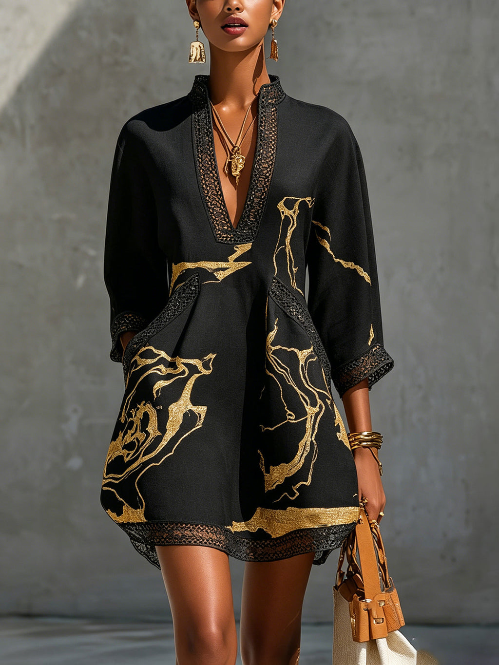 Black Gold Printed V-neck Mini Dress