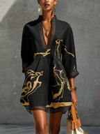 Black Gold Printed V-neck Mini Dress