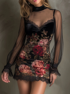 Rose Print Tulle Lace Trim Mini Dress