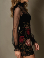 Rose Print Tulle Lace Trim Mini Dress