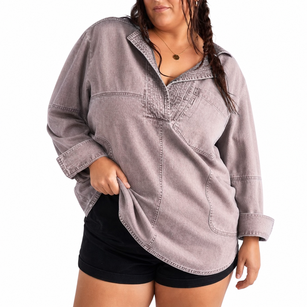 Emilia | Chic V-Neck Denim Tunic Top