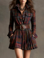 Vintage Lapel Red and Brown Plaid Mini Dress(includes belt)